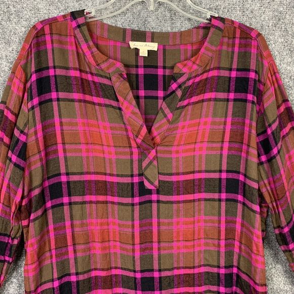 Jane & Delancey Long Sleeve Top S Pink Navy Plaid Hi-Low Light Weight Flannel - Picture 2 of 12